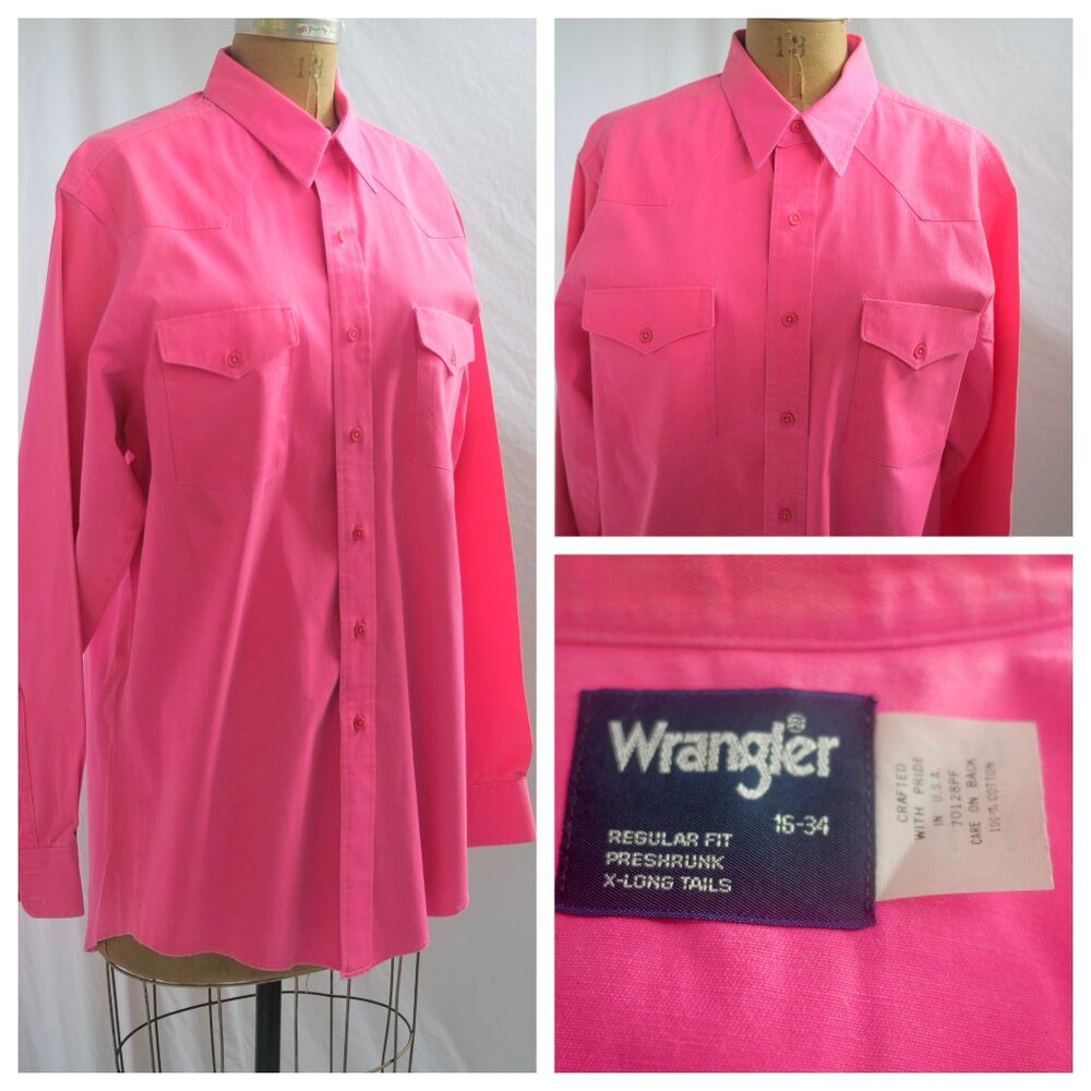vtg 80s WRANGLER Brushpopper Western Neon Pink Shirt X Long Tails 16/34 USA